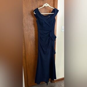 Xscape Scuba Off-The-Shoulder Gown in Navy